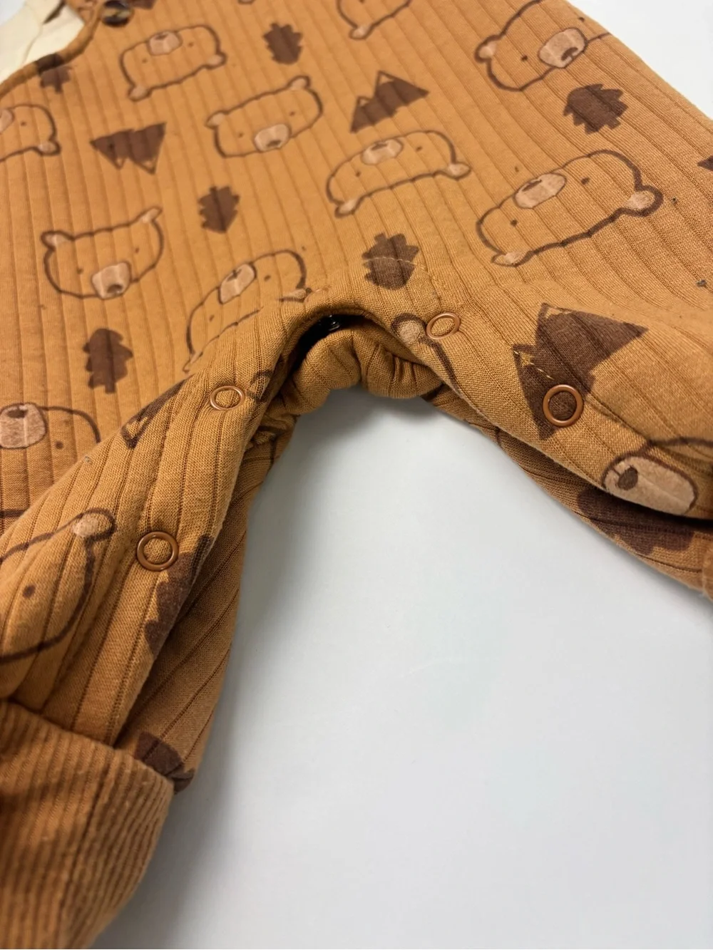 Brown Bear Print Ribbed Overalls Matching Set with Cream Dino Tee